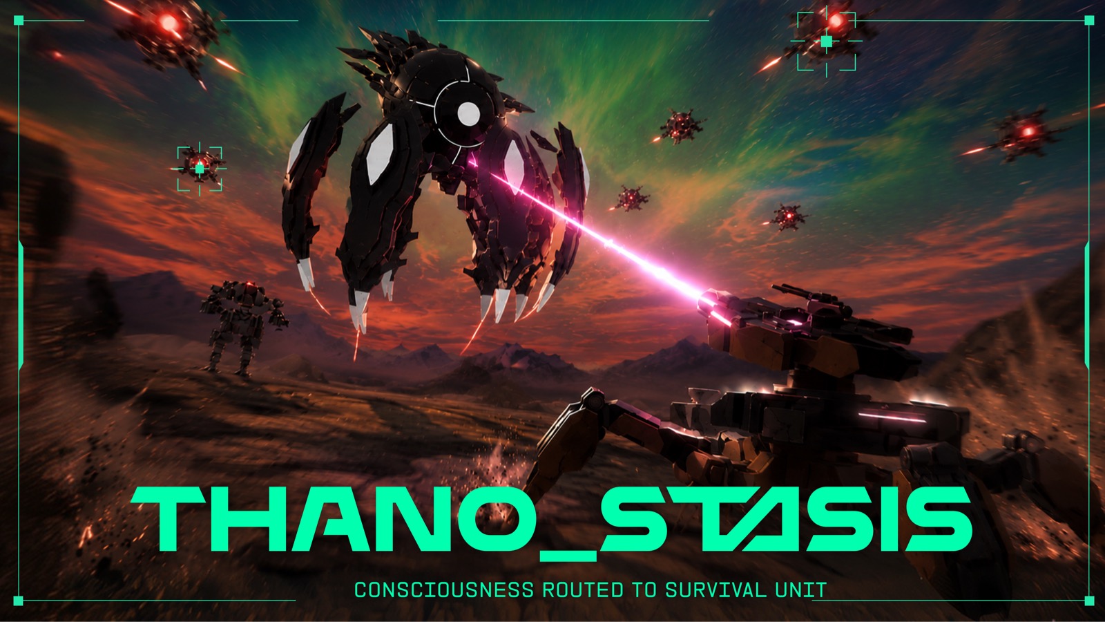 Thanostasis key art — a survival unit firing at a towering alien boss under a green aurora sky.